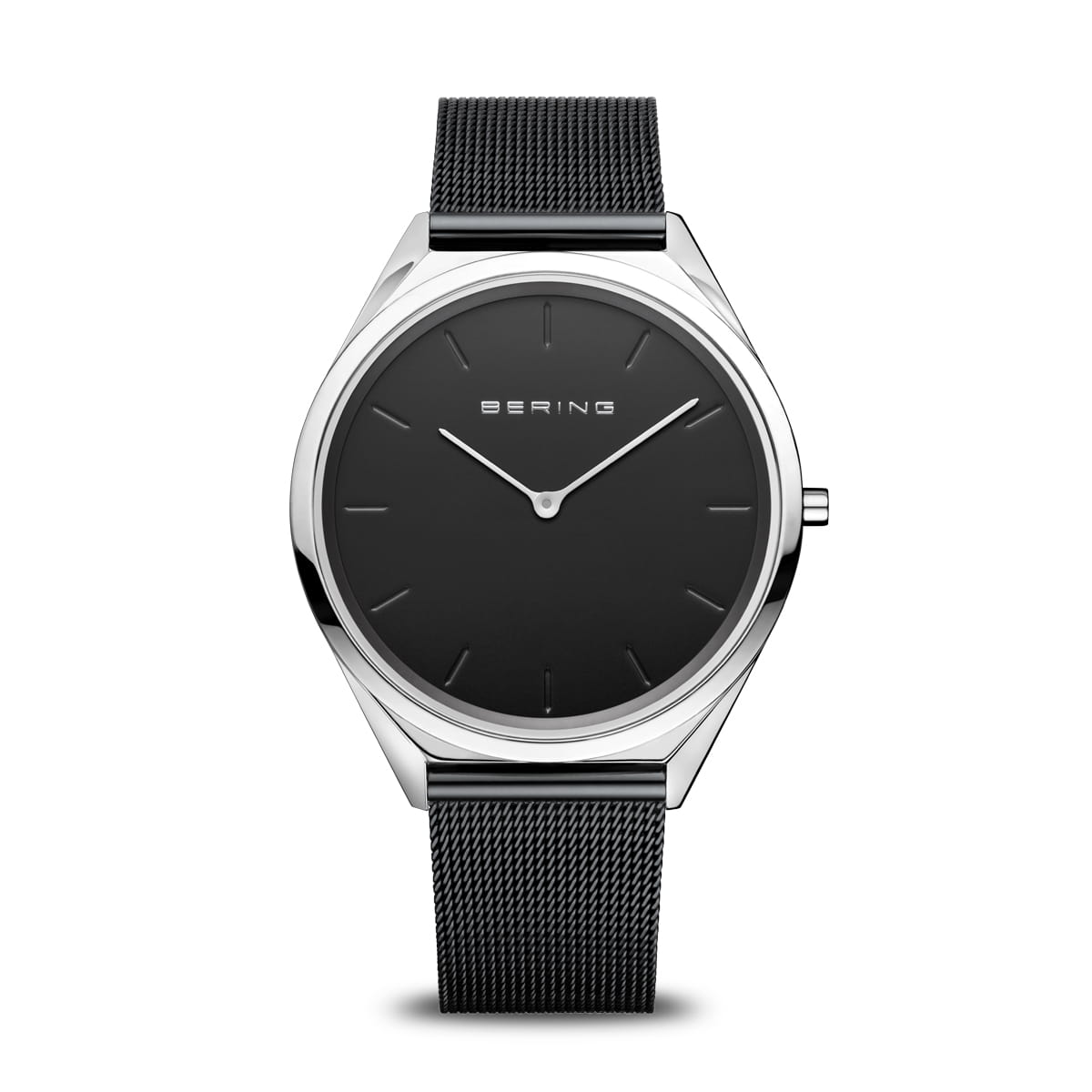Unisex Uhr mit schwarzem Zifferblatt, silbernem Gehäuse und schwarzem Mesh-Armband
