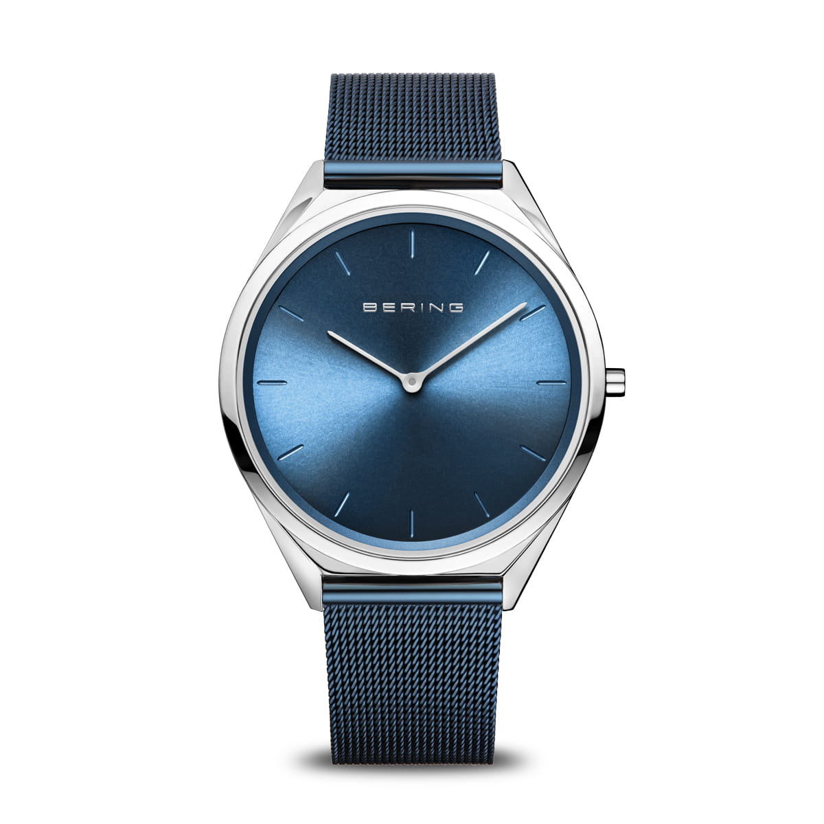 Unisex Uhr mit blauem Zifferblatt und silbernem Gehäuse, Mesh-Armband in Blau