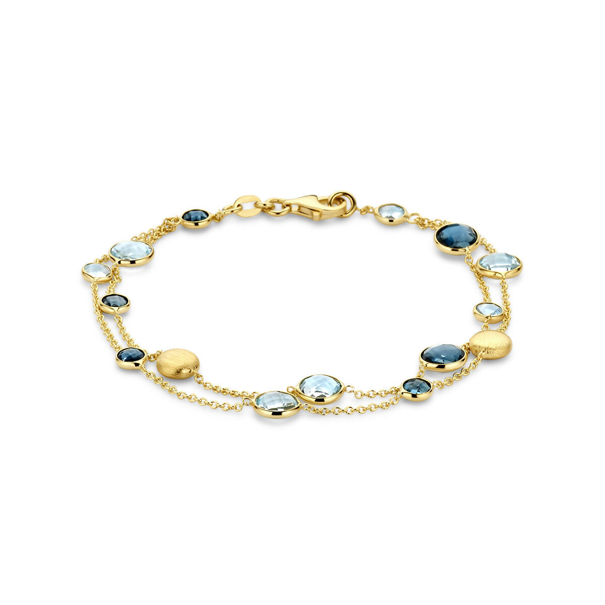 Armband aus 14K Gelbgold mit runden, hellblauen und dunkelblauen Topasen, 19 cm lang