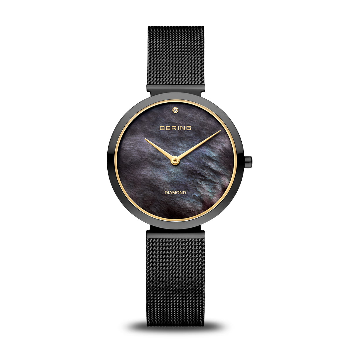 Damenarmbanduhr mit schwarzem Zifferblatt und goldenen Zeigern, schwarzes Mesh-Armband