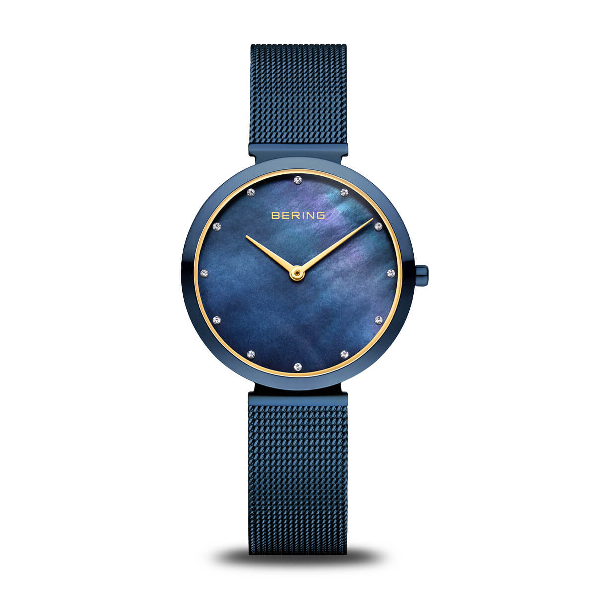 Damenarmbanduhr mit blauem Zifferblatt, goldenen Akzenten und blauer Mesh-Armband.