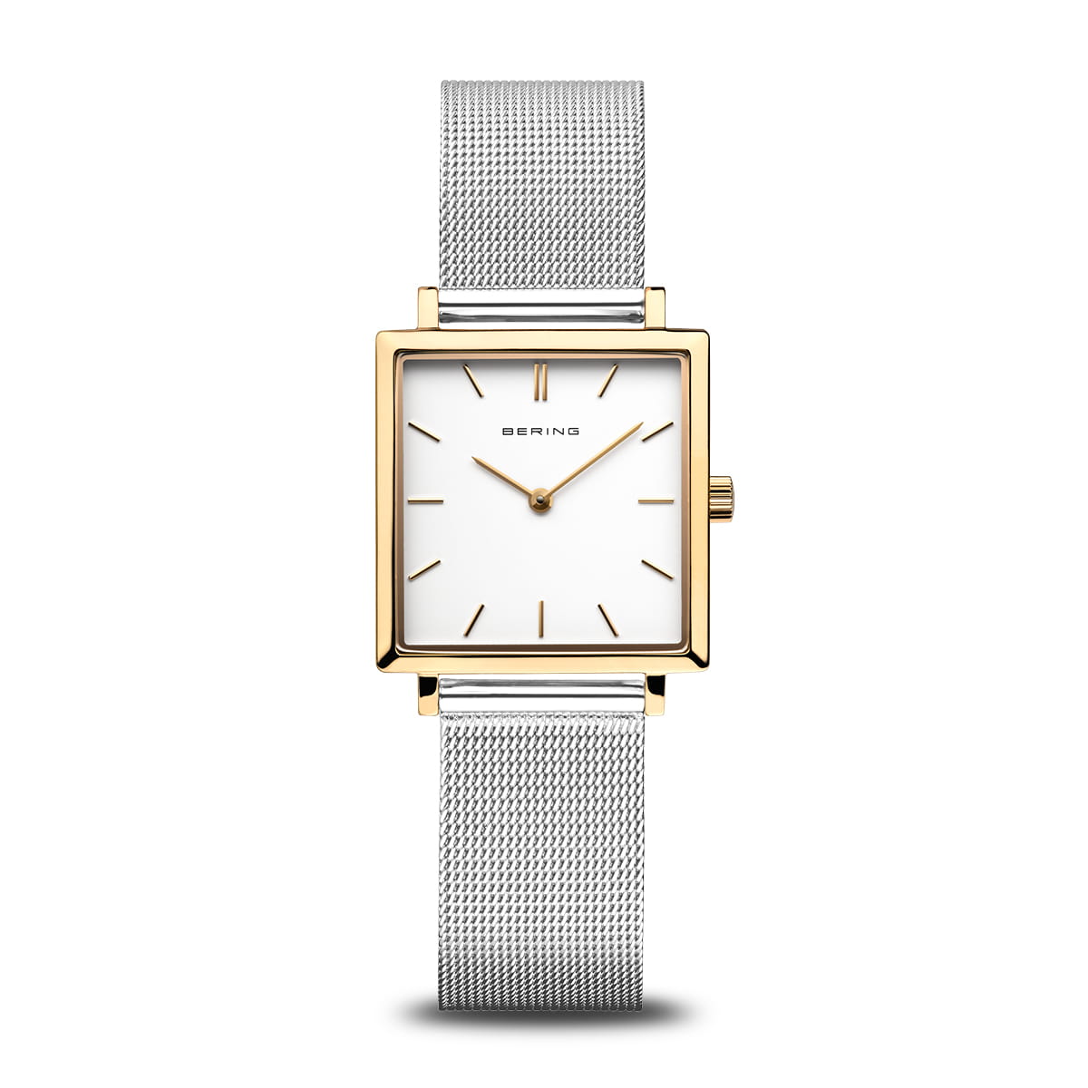 Damenarmbanduhr mit weißem Zifferblatt, quadratischem Gehäuse in Gold und silbernem Mesh-Armband