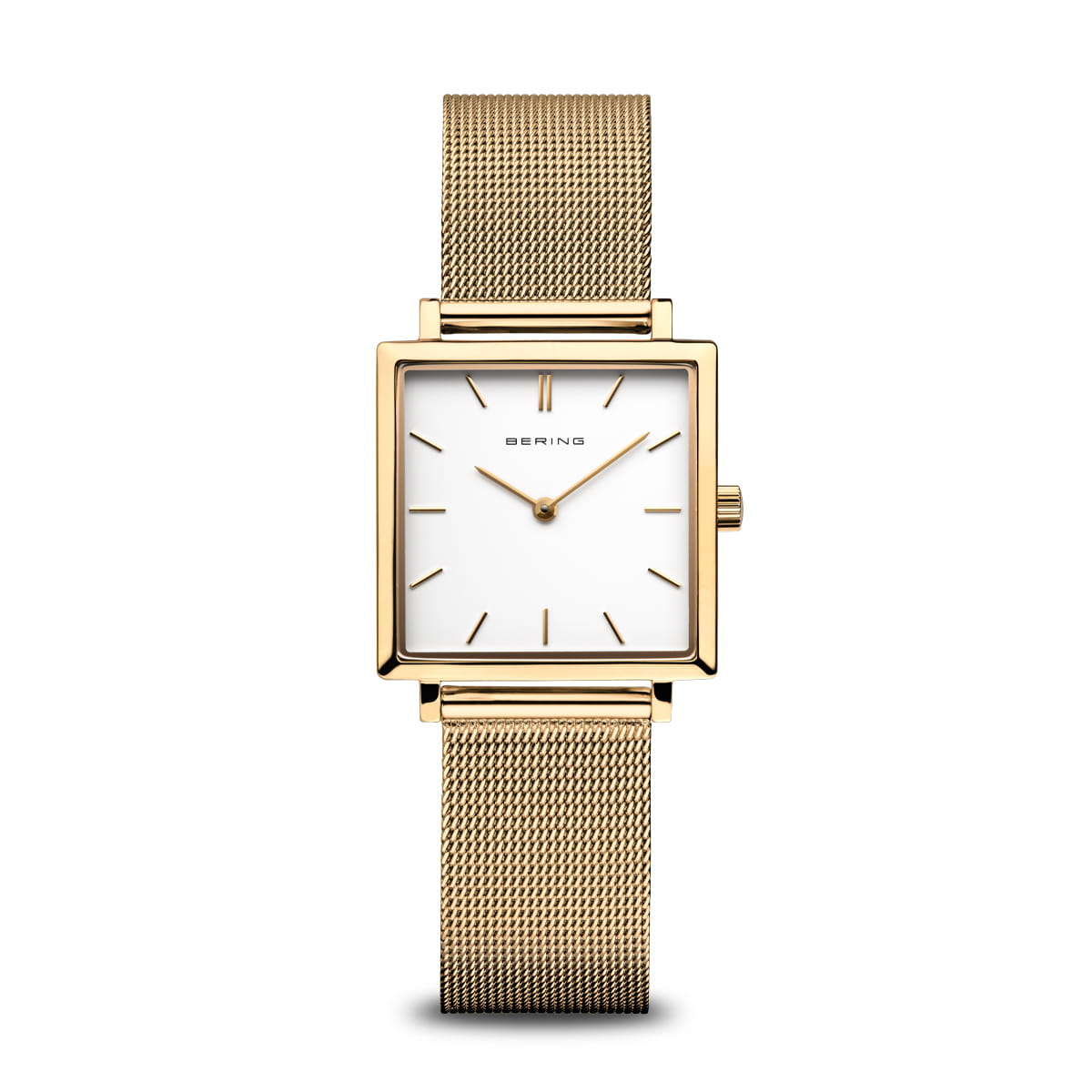 Damenarmbanduhr mit quadratischem Gehäuse, weißem Zifferblatt und goldfarbenem Mesh-Armband