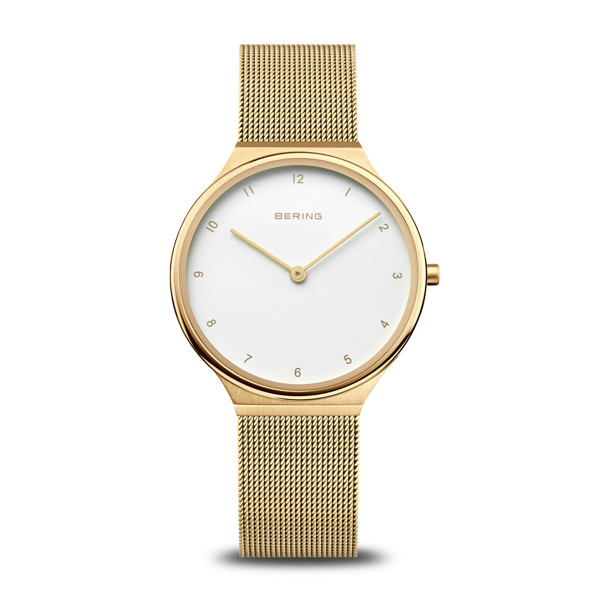 Damenarmbanduhr mit goldfarbenem Mesh-Armband und weißem Zifferblatt