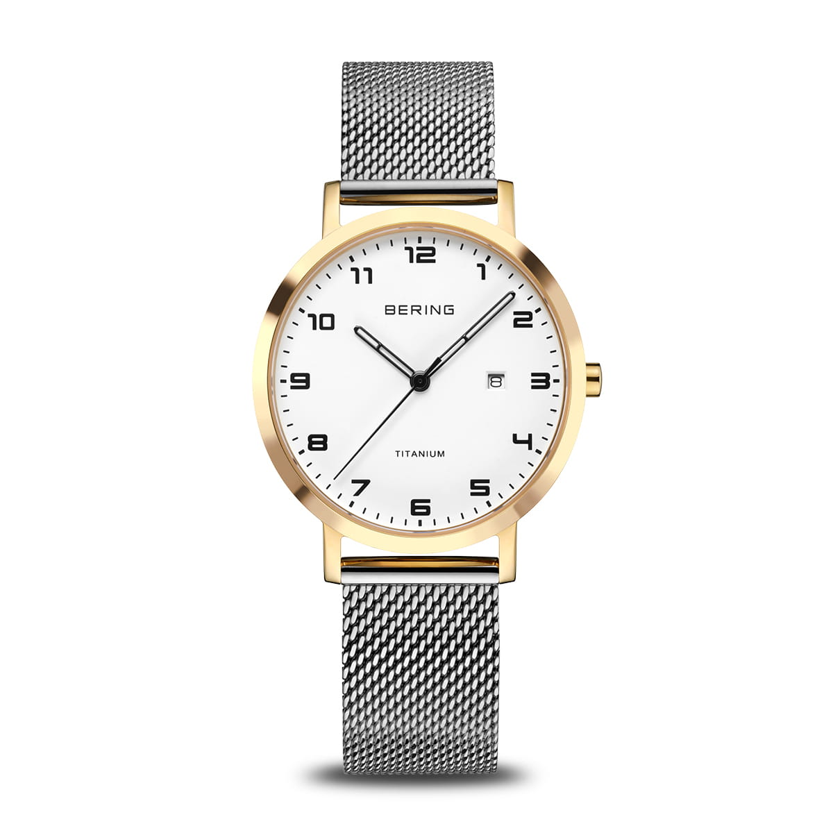 Damenarmbanduhr mit weißem Zifferblatt, goldfarbenem Gehäuse und silbernem Mesh-Armband