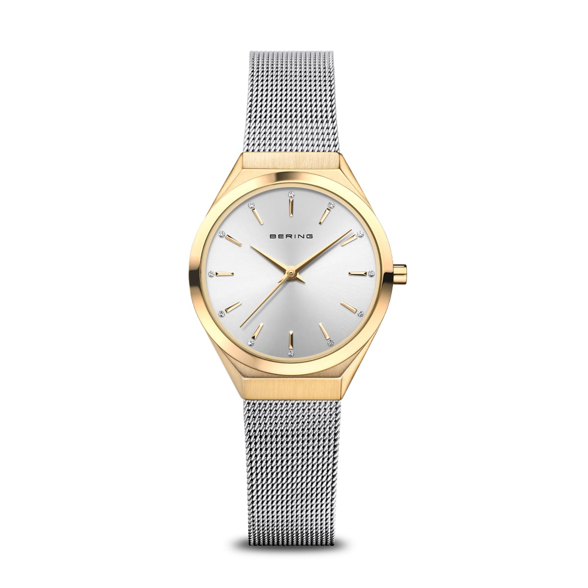 Damenarmbanduhr mit silbernem Zifferblatt und goldfarbenem Gehäuse, Mesh-Armband aus Edelstahl