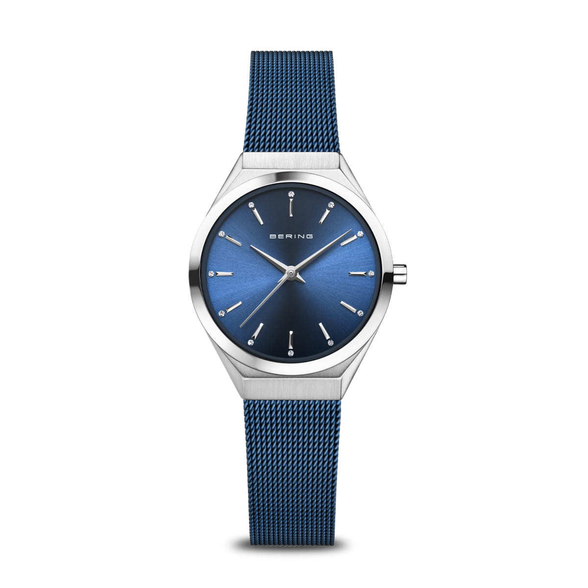 Unisex Uhr mit blauem Zifferblatt und silbernem Mesh-Armband