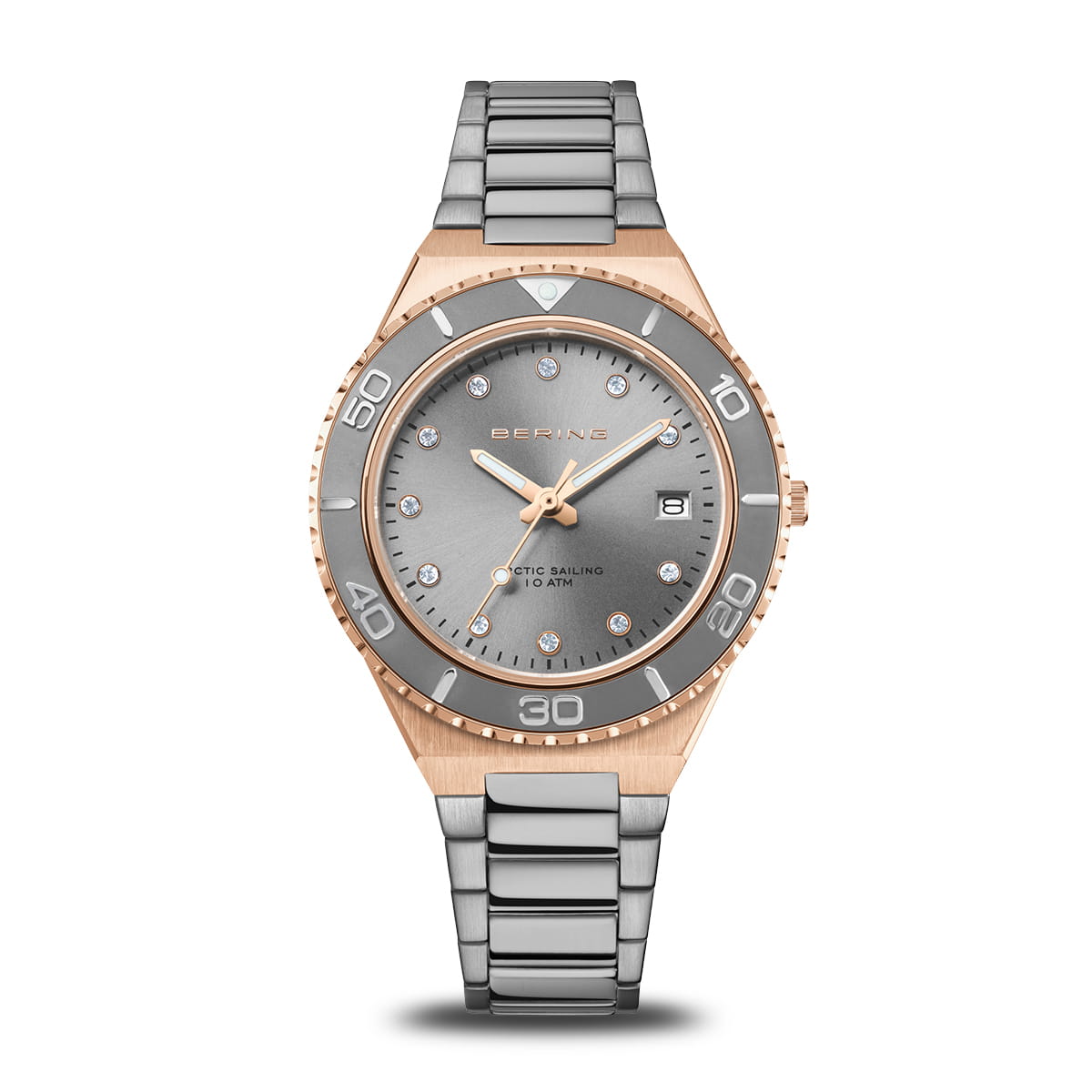 Damenarmbanduhr mit grauem Zifferblatt, roségoldenem Gehäuse und silbernem Armband