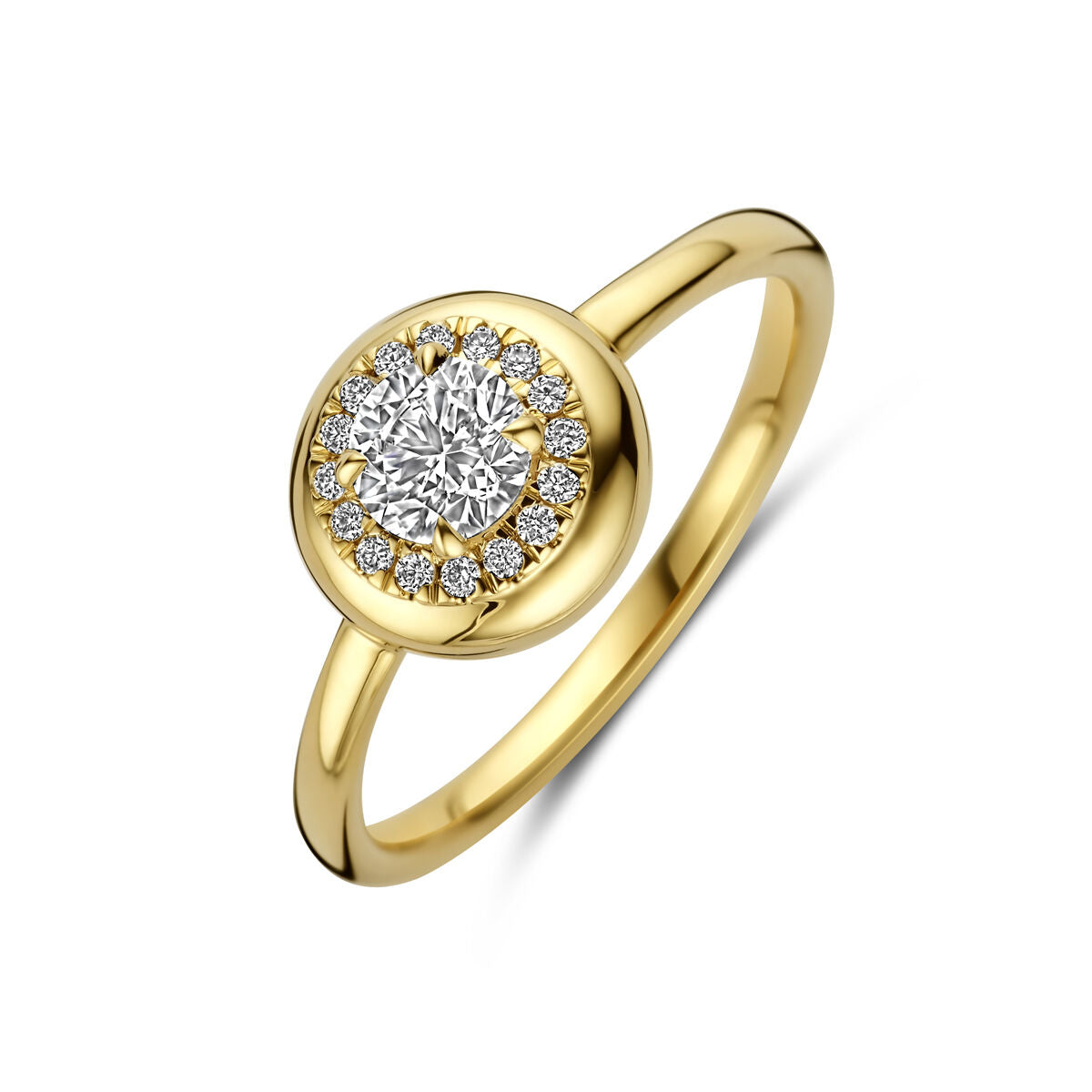 Ring aus 14K Gelbgold mit lab-grown Diamant 0,49 ct und rundem Zifferblatt aus kleinen Steinen