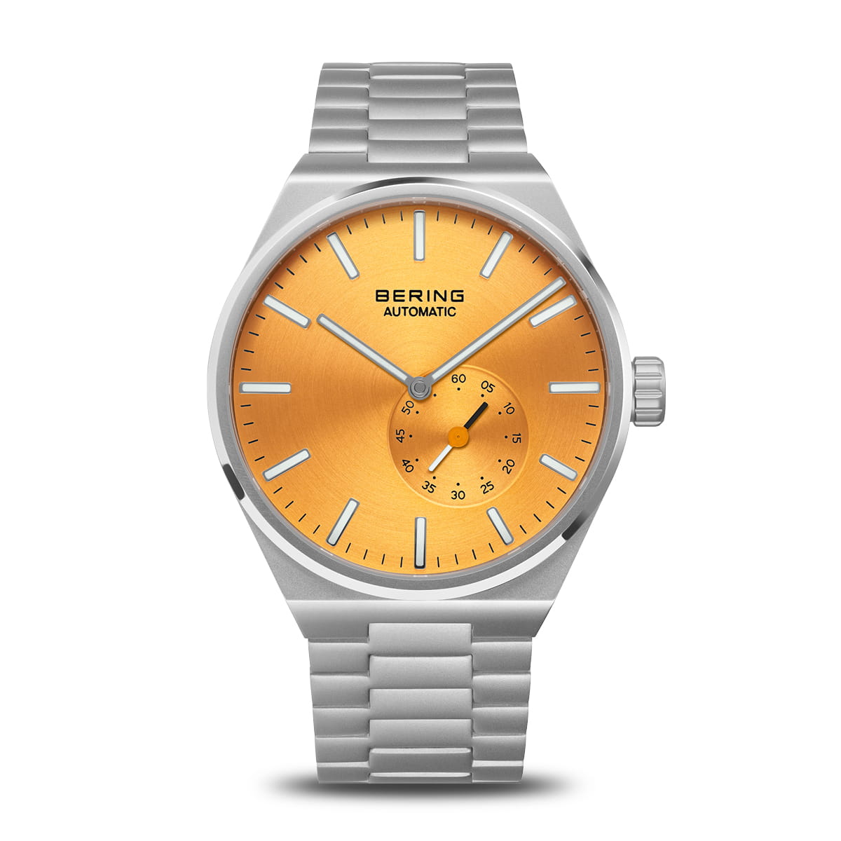 Herrenarmbanduhr mit orangefarbenem Zifferblatt, silbernem Gehäuse und Armband aus Edelstahl
