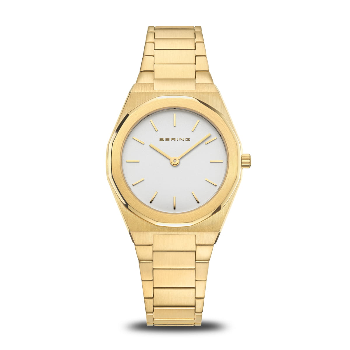 Damenarmbanduhr mit goldenem Gehäuse und silbernem Zifferblatt, Metallarmband in Goldfarbe