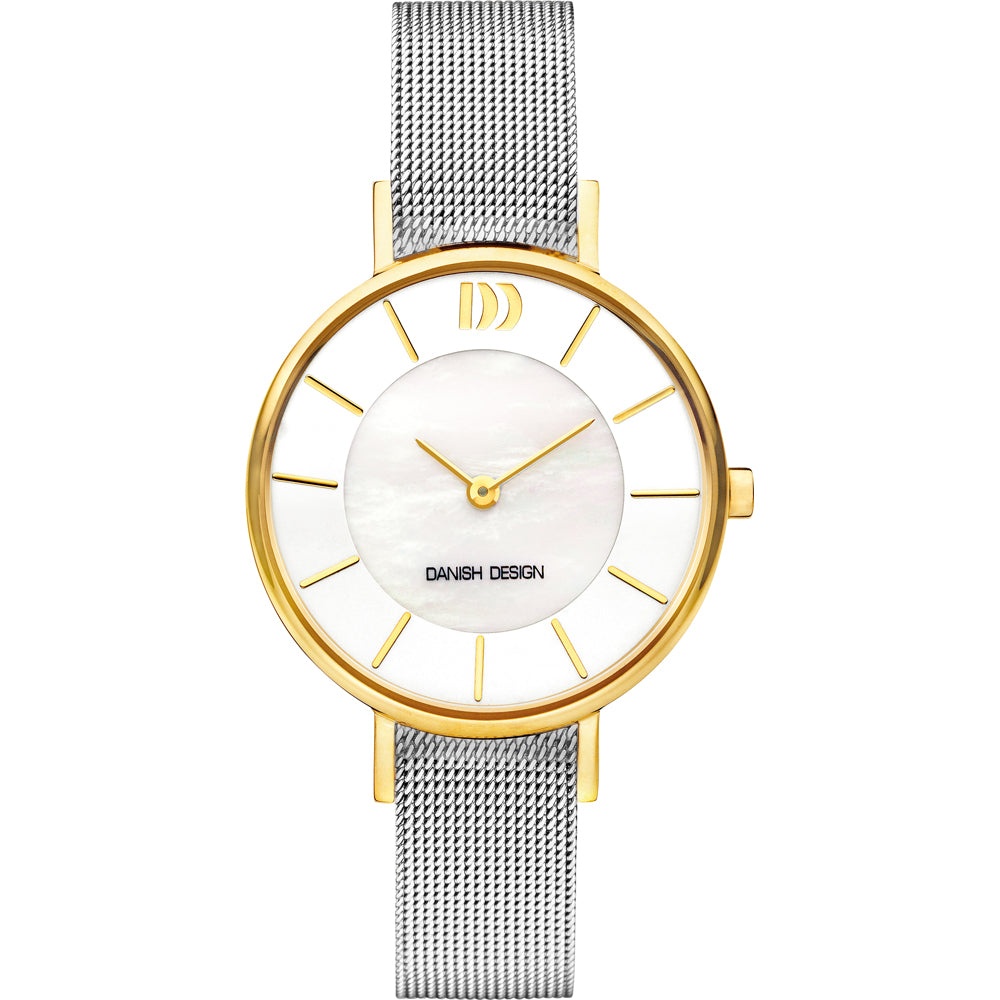 Uhr mit silbernem Mesh-Armband, goldfarbenem Gehäuse und weißem Zifferblatt mit goldenen Indexen