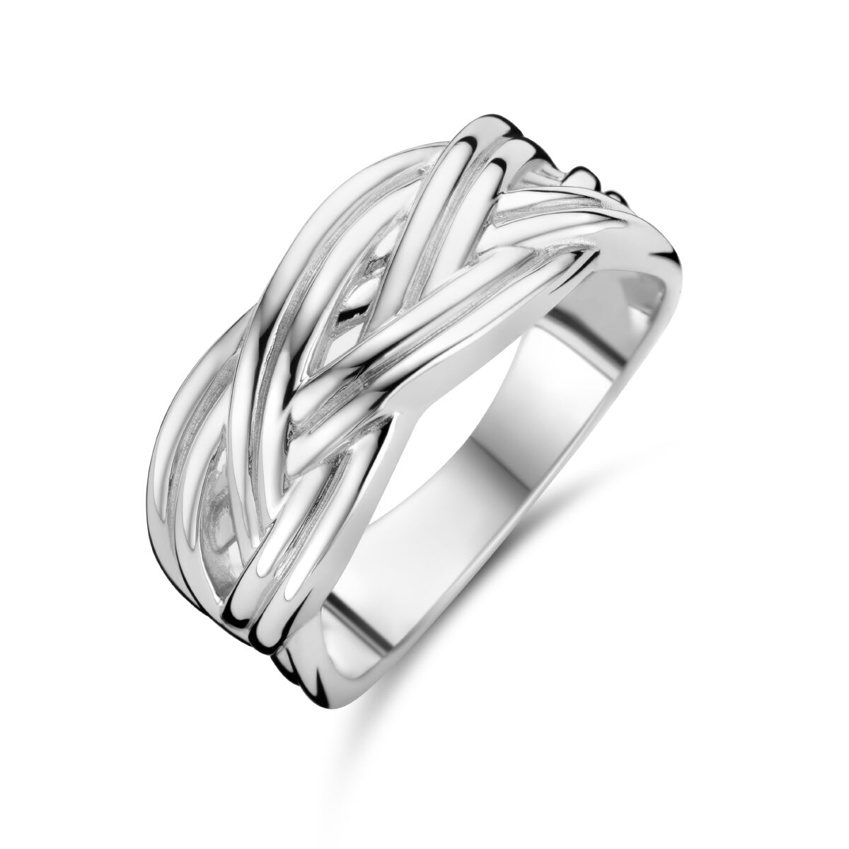 Ring aus rhodiniertem Silber mit geflochtenem Design und glänzender Oberfläche