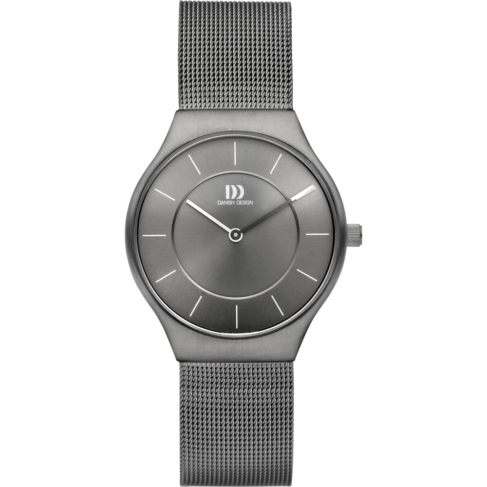 Uhr mit grauem Zifferblatt, grauem Gehäuse und grauem Mesh-Armband