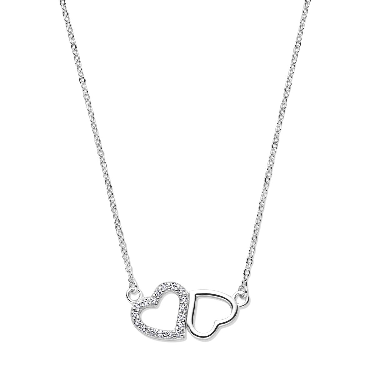 Collier aus rhodiniertem Silber mit zwei Herz-Anhängern, einer mit Zirkonia-Steinen.