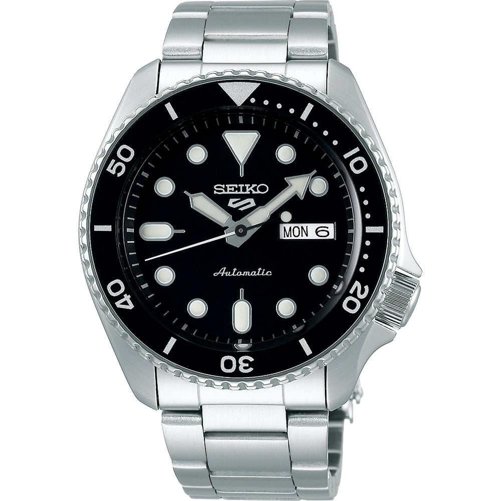 Herrenarmbanduhr Seiko 5 Sports mit schwarzem Zifferblatt, Edelstahlgehäuse und -armband, Datumsanzeige