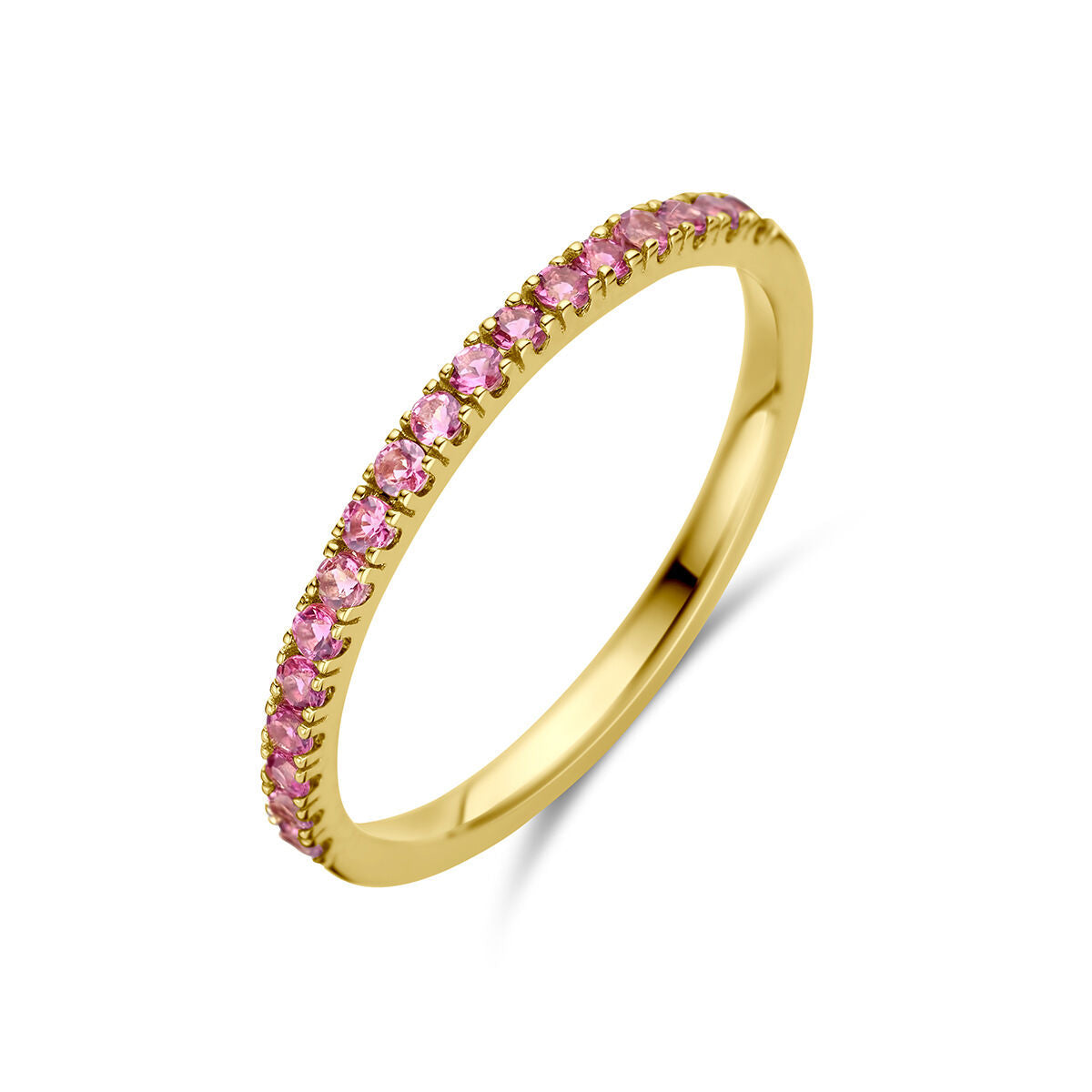 Ring aus 14K Gelbgold mit rosa Turmalin als Geburtsstein für Oktober, besetzt mit kleinen Steinen