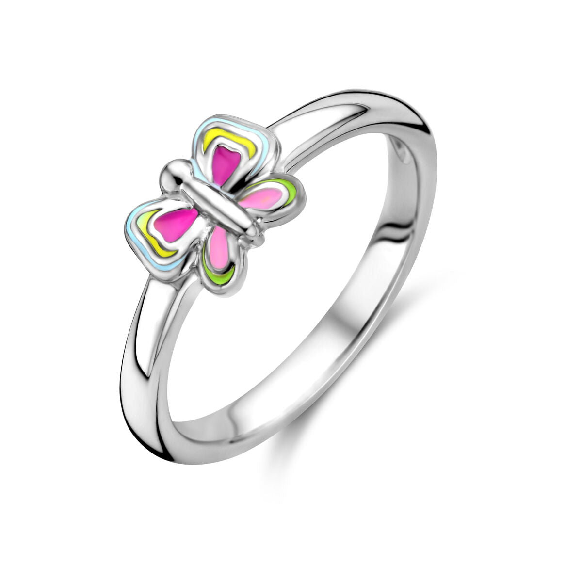 Ring aus rhodiniertem Silber mit buntem Schmetterling als Detail