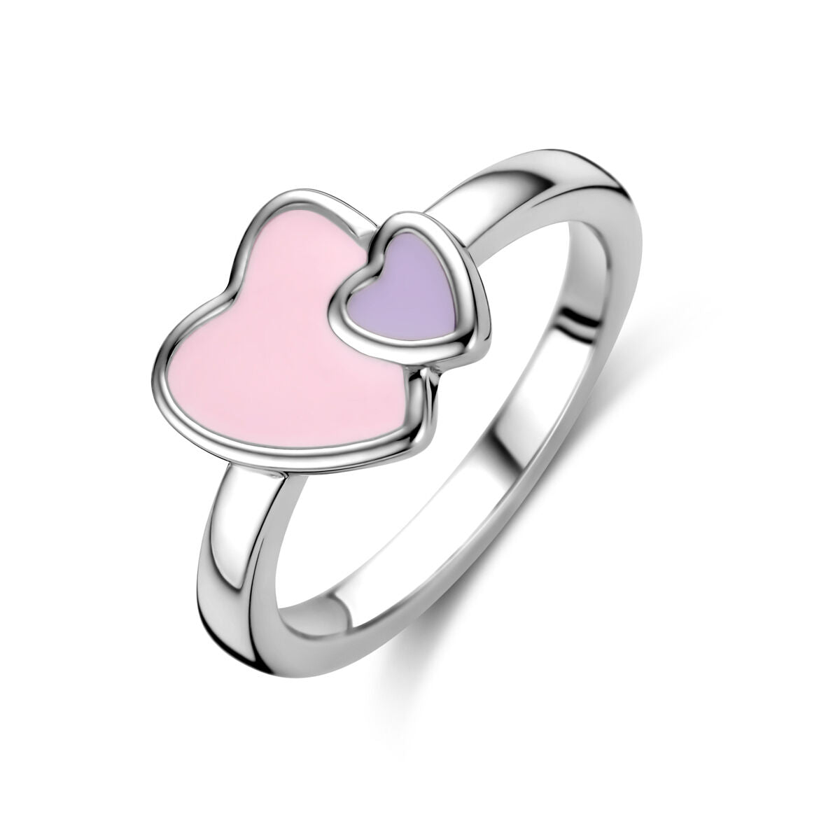 Ring aus rhodiniertem Silber mit zwei Herzen in rosa und lila.