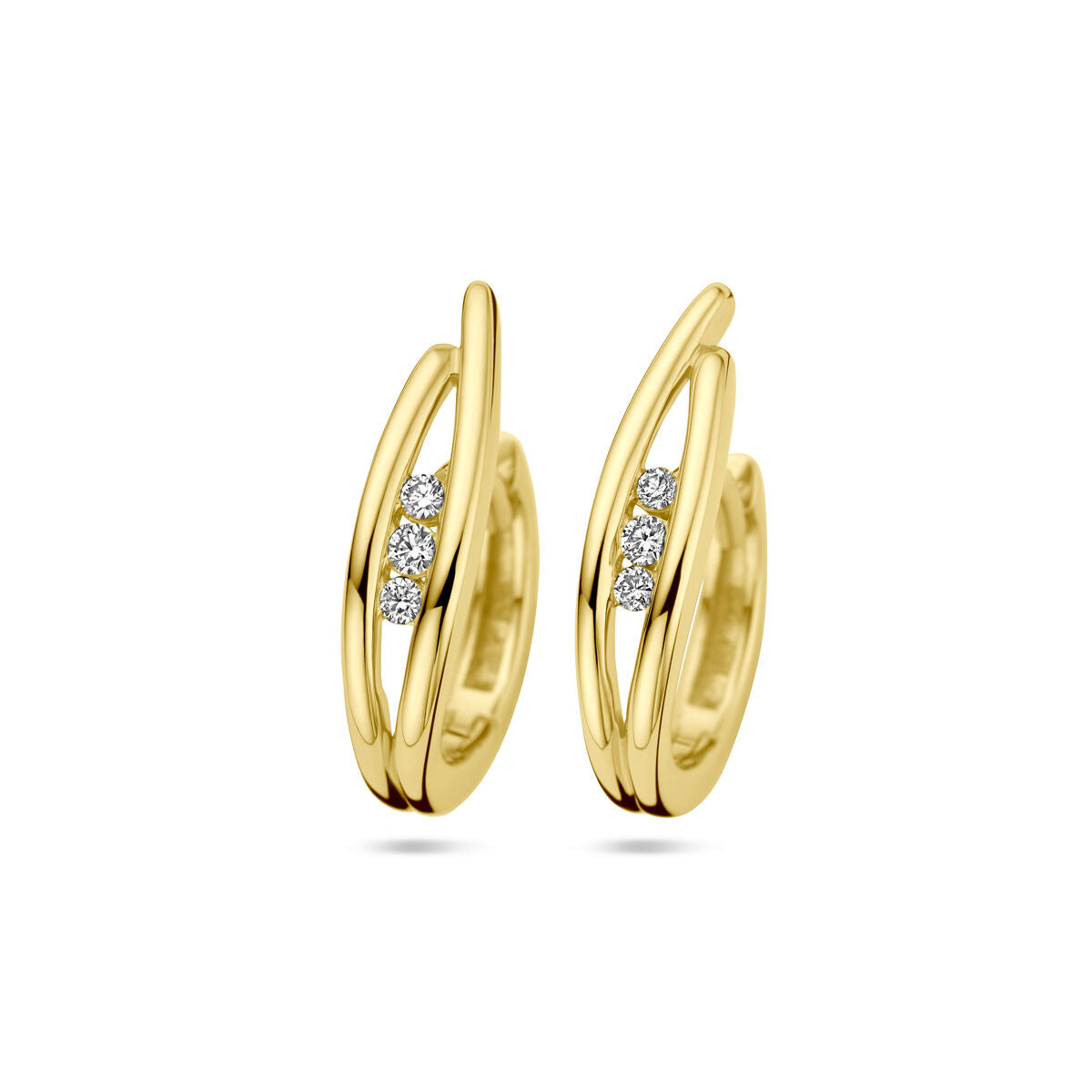 Klapp-Ohrringe aus 14K Gelbgold mit drei kleinen Diamanten (0,10 ct) in einer geschwungenen Form