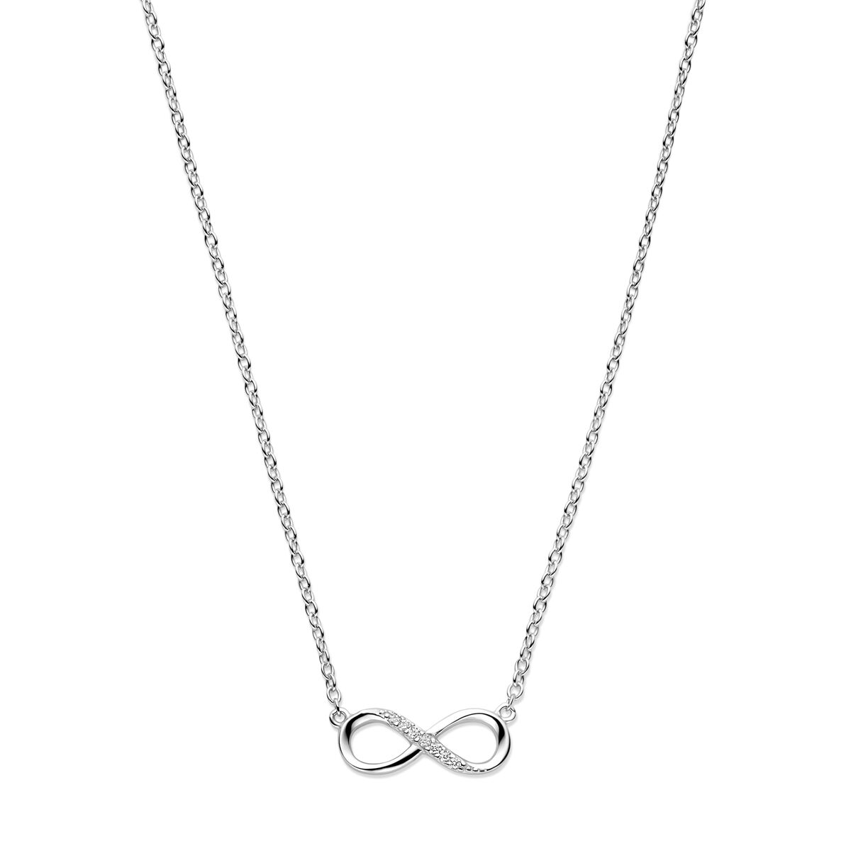 Halskette aus rhodiniertem Silber mit Infinity-Symbol und Zirkonia-Steinen