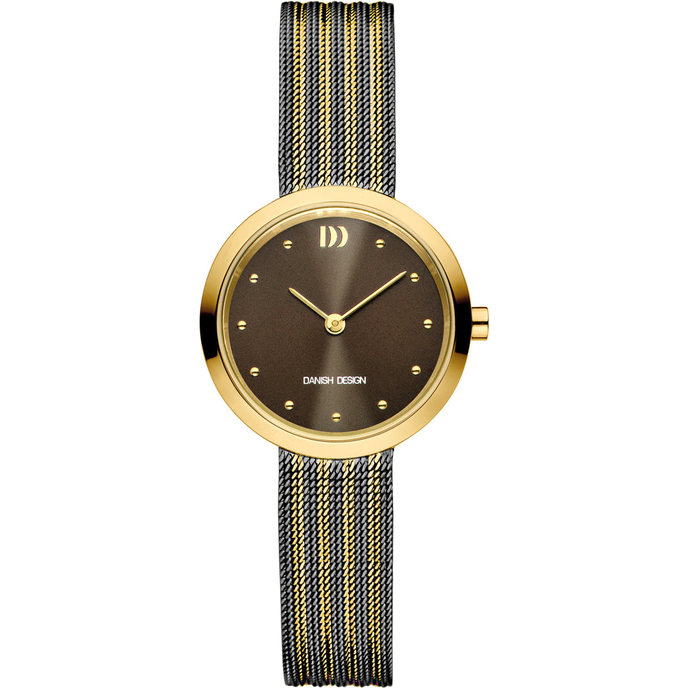 Uhr mit braunem Zifferblatt, goldfarbenem Gehäuse und schwarzem Mesh-Armband