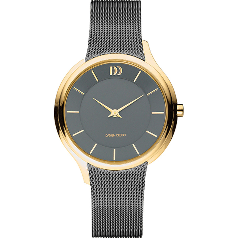 Uhr mit grauem Zifferblatt, goldfarbenem Gehäuse und schwarzem Mesh-Armband