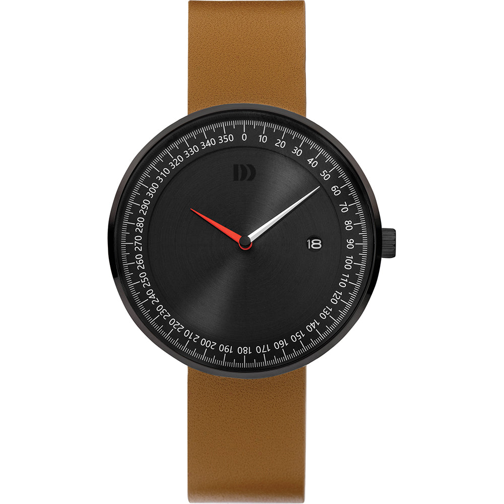 Uhr mit schwarzem Zifferblatt, schwarzem Gehäuse und braunem Silikonarmband