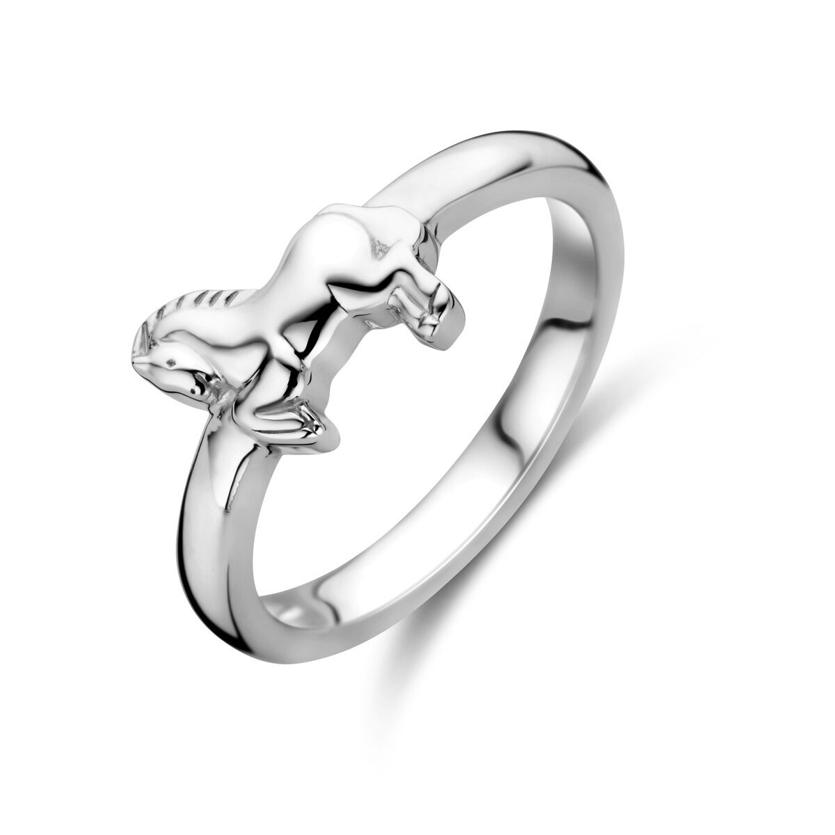 Ring aus rhodiniertem Silber mit einem springenden Pferd als Detail