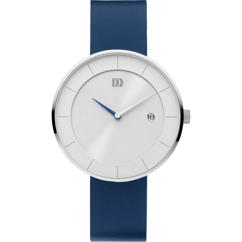 Uhr mit silbernem Gehäuse, weißem Zifferblatt und blauem Silikonarmband