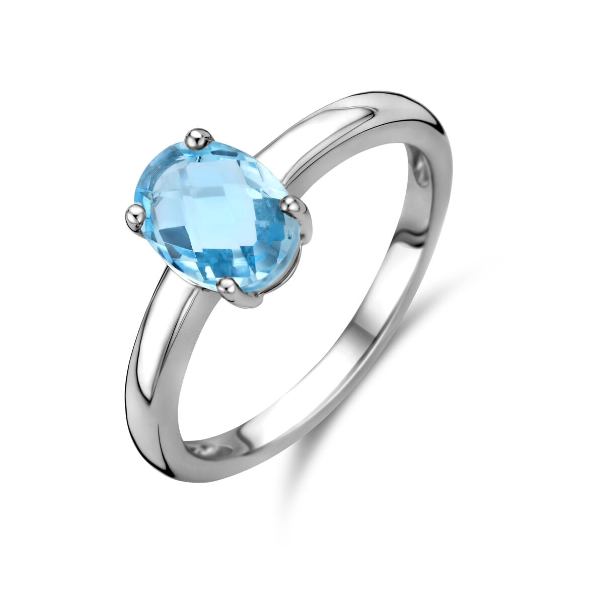 Ring mit blauem Topas, rhodiniertes Silber, ovale Form, schlichte Fassung