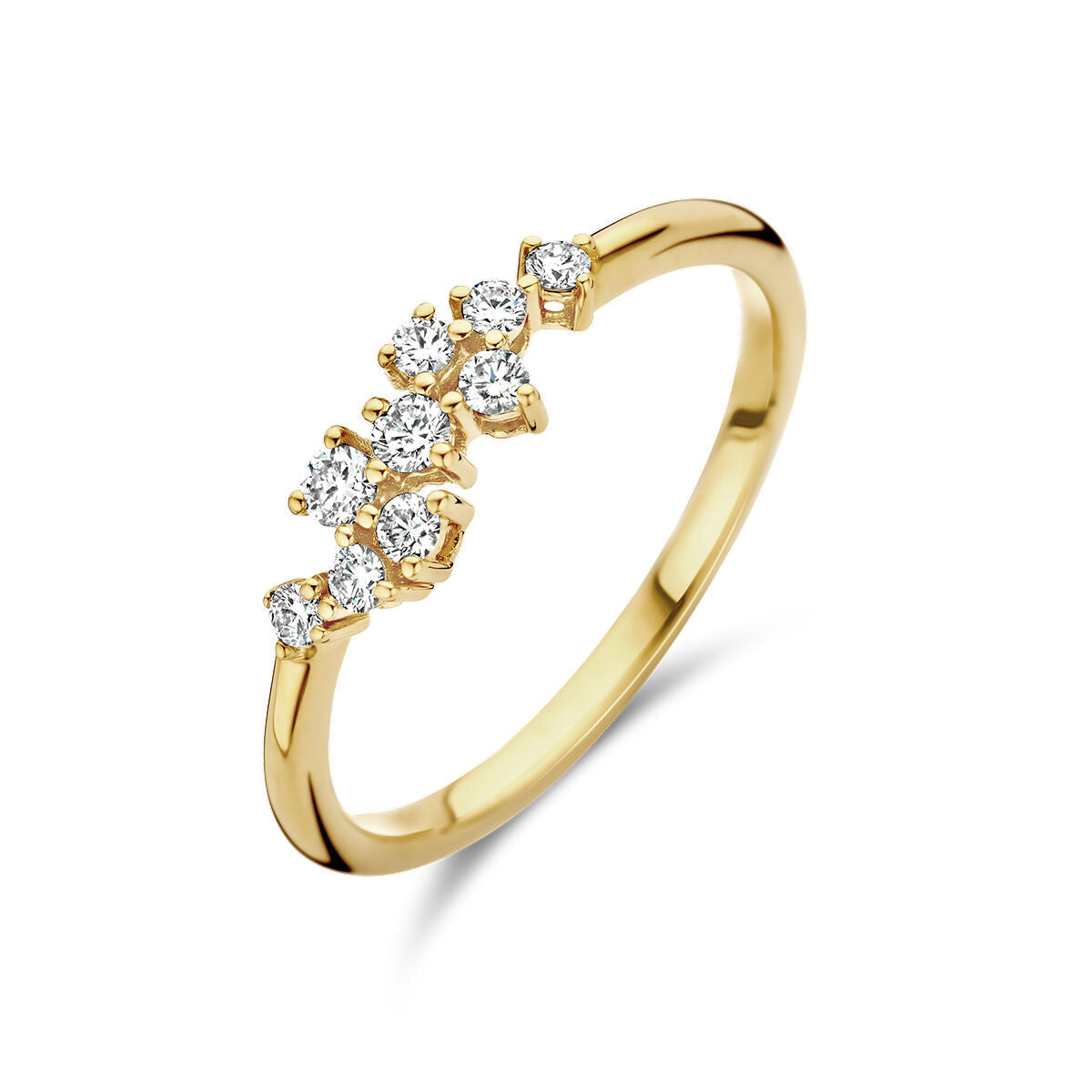 Ring aus 14K Gelbgold mit sieben Diamanten, insgesamt 0,21 ct, in verschiedenen Größen angeordnet
