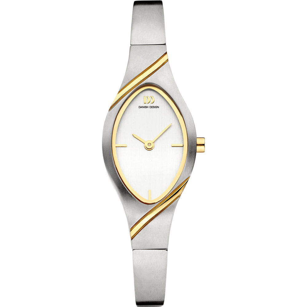 Damenarmbanduhr mit silbernem Zifferblatt, goldfarbener Akzentlinie und Edelstahlarmband