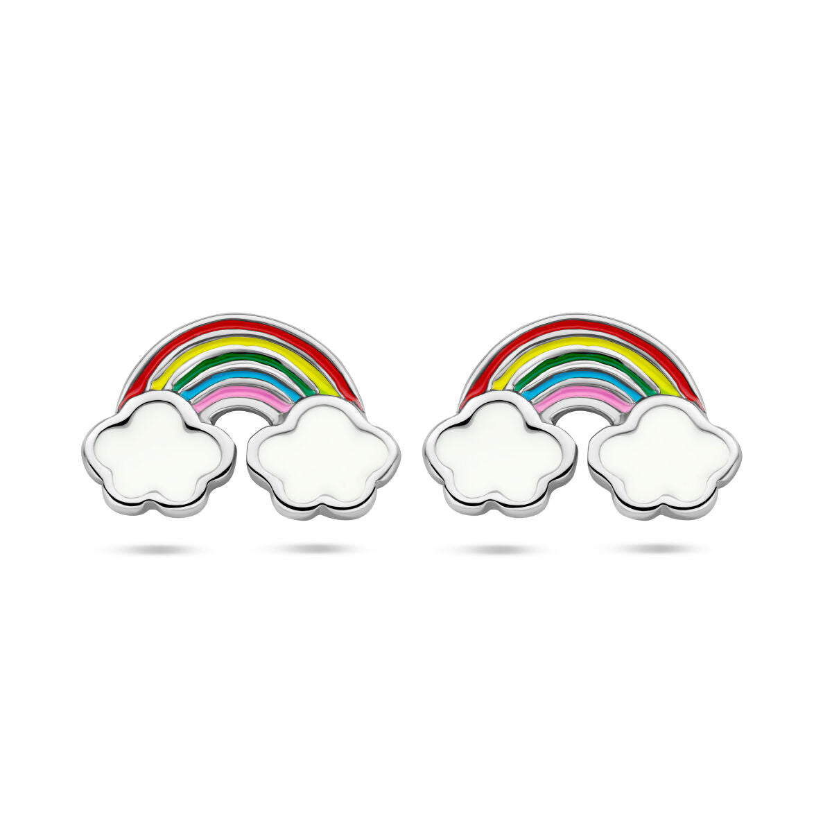 Ohrstecker mit buntem Regenbogen und weißen Wolken aus rhodiniertem Silber