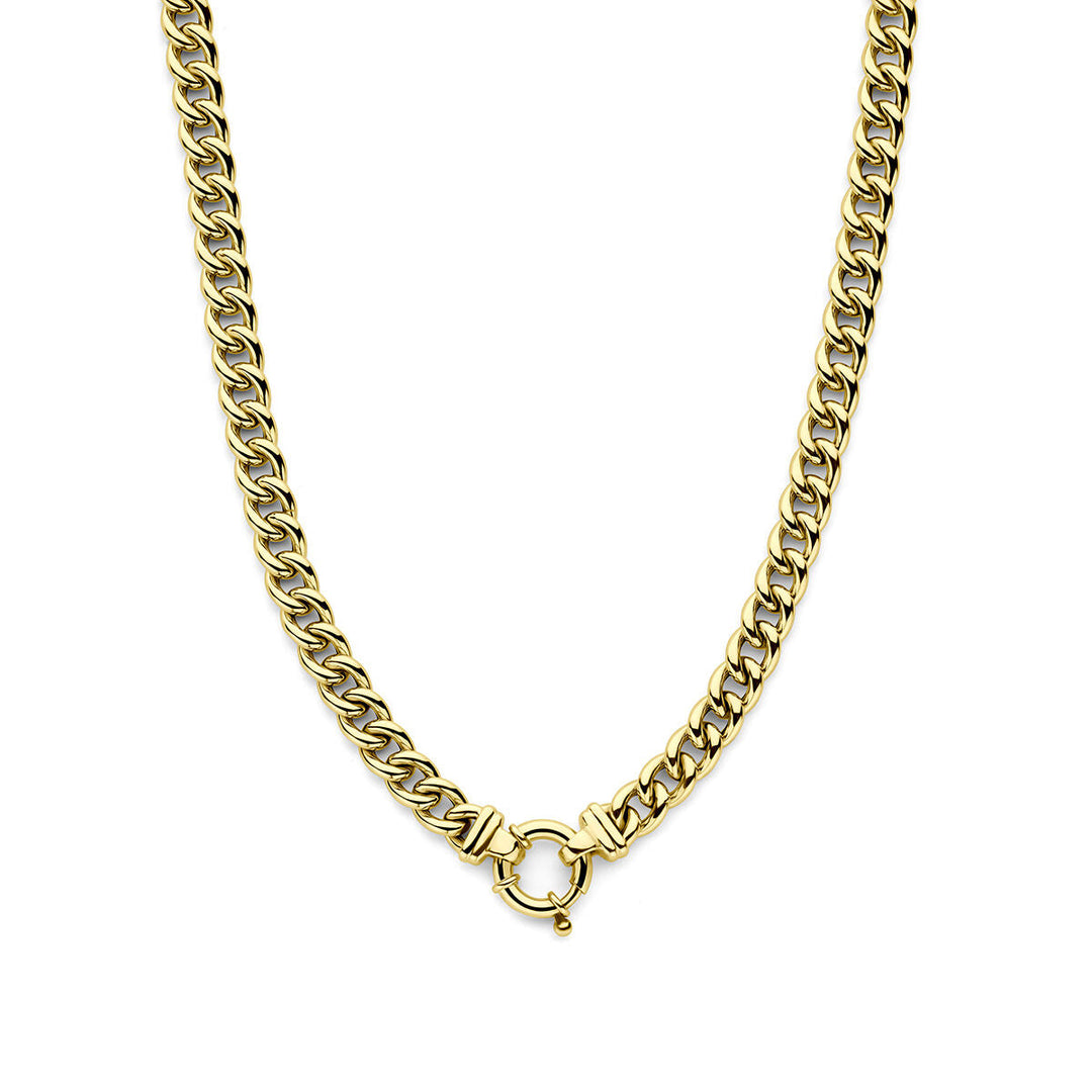 Het collier gourmette 7,7 mm 45 cm met groot springslot van 14K geelgoud uit de Van der Kooij Collectie is een luxe damesketting, elegant gepresenteerd op een witte achtergrond.