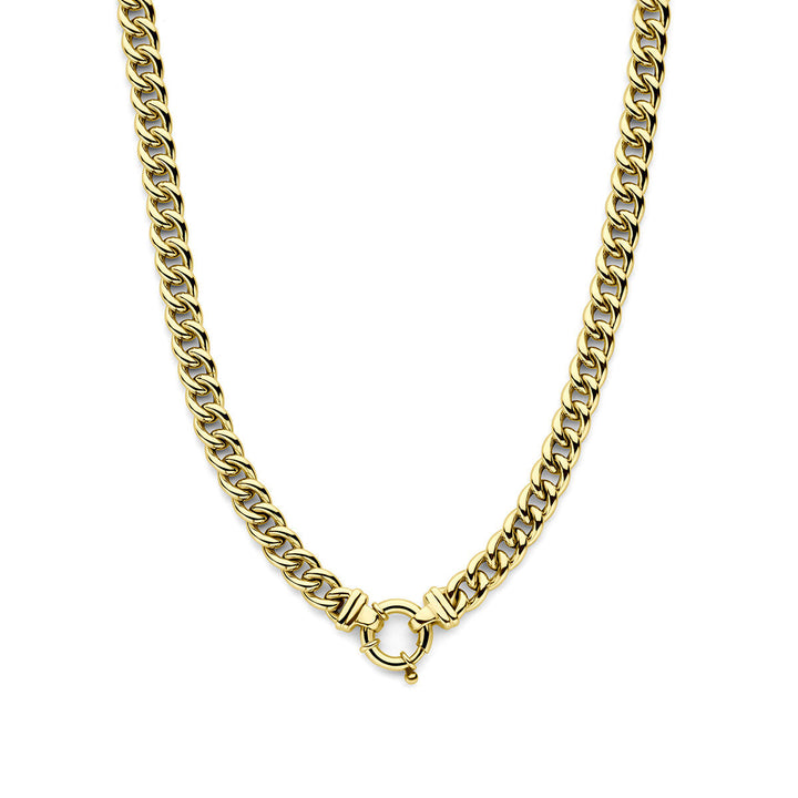 Het collier gourmette 7,7 mm 45 cm met groot springslot van 14K geelgoud uit de Van der Kooij Collectie is een luxe damesketting, elegant gepresenteerd op een witte achtergrond.