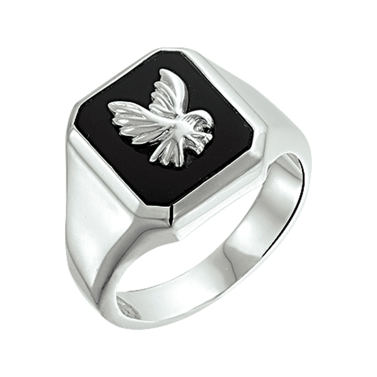 Massiver Silberring mit schwarzem Onyx und einem Adler-Motiv auf der Oberfläche