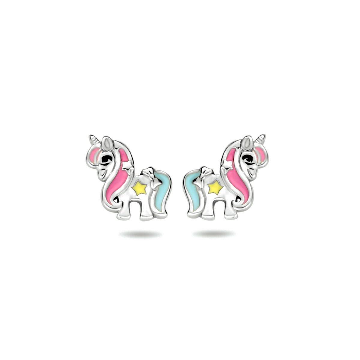 Ohrstecker in Form von Einhörnern aus rhodiniertem Silber mit buntem Emaille in Rosa und Blau.