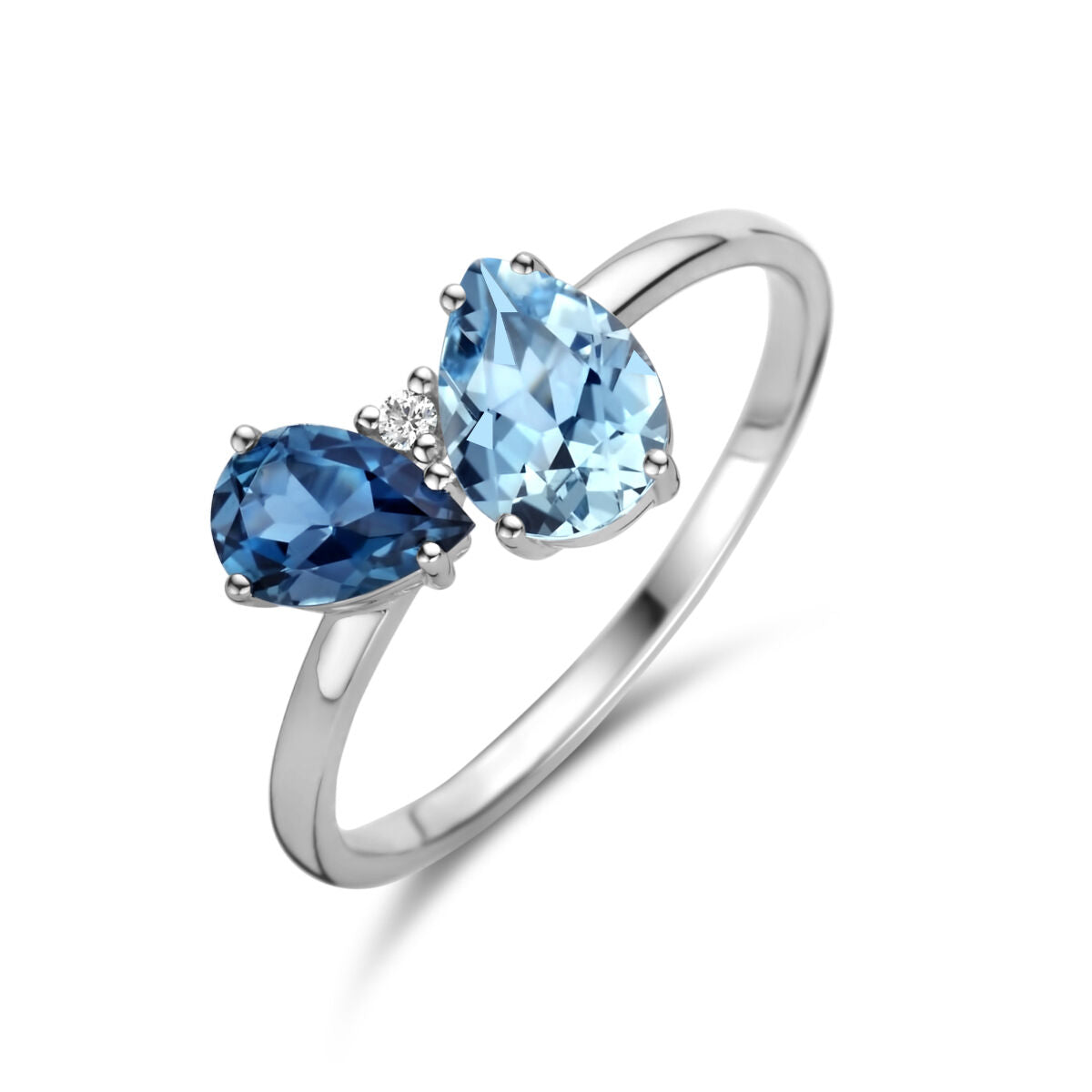 Ring aus 14K Weißgold mit zwei tropfenförmigen London Blue Topasen und einem Diamanten 0,01 ct