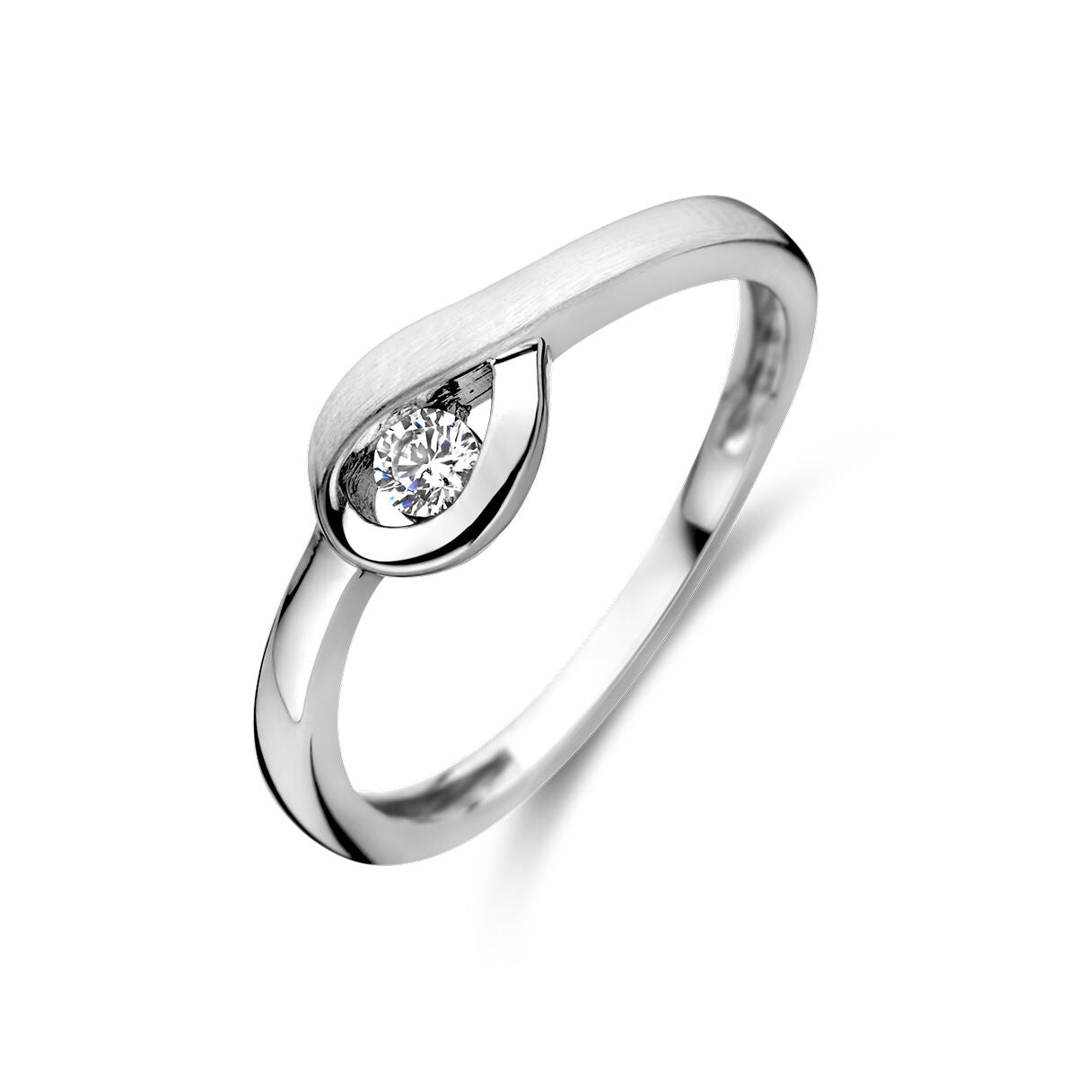 Ring aus rhodiniertem Silber mit polierter und matter Oberfläche sowie einem Zirkonia.
