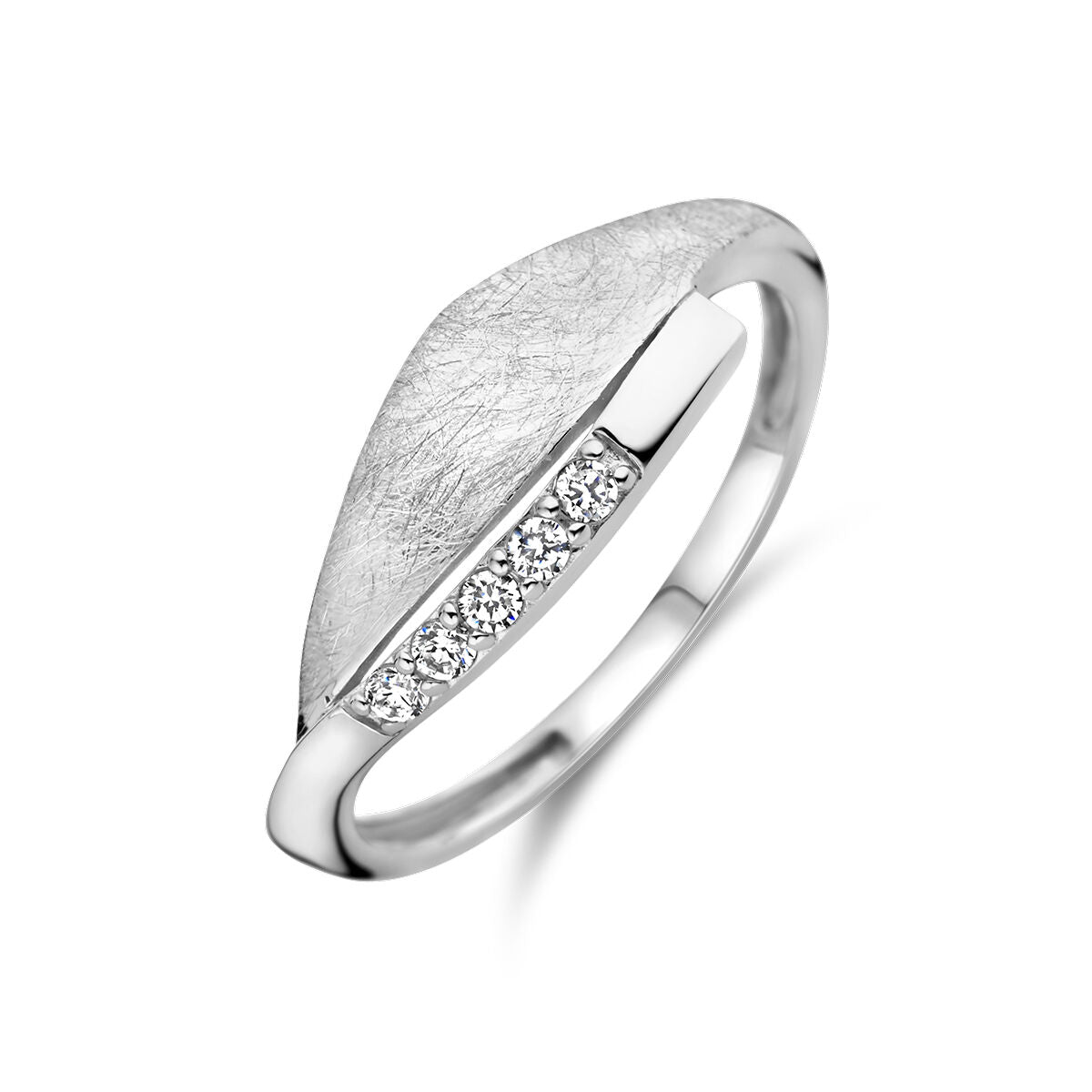 Ring aus rhodiniertem Silber mit strukturiertem Oberflächenfinish und Zirkonia-Steinen