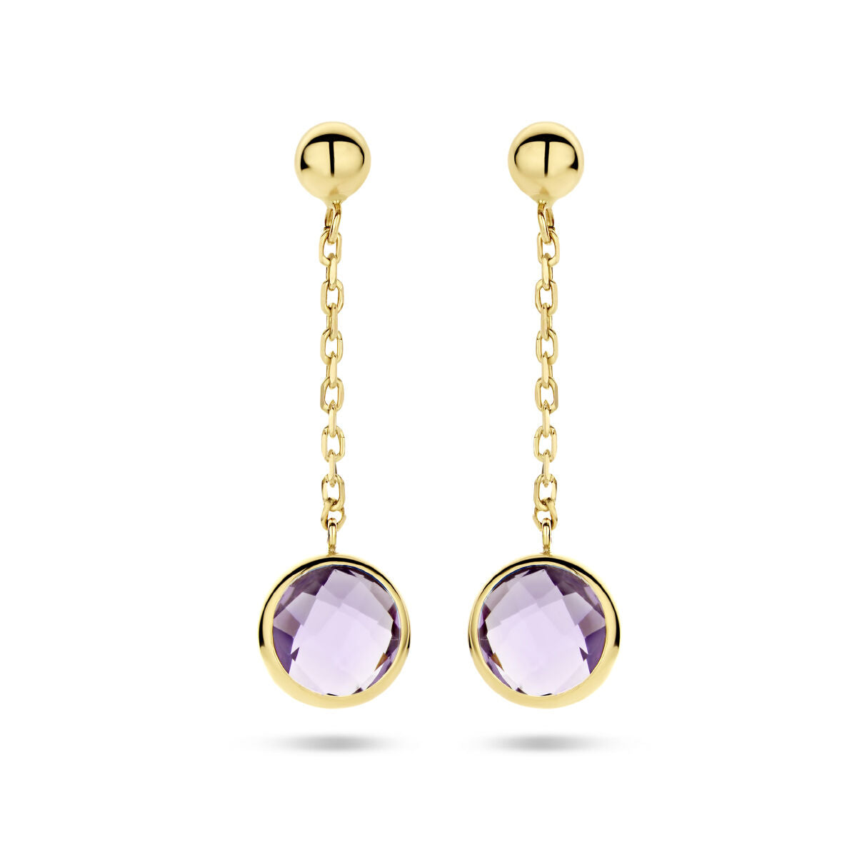 Ohrhänger aus 14K Gelbgold mit facettierten Amethysten und hängenden Kettenelementen