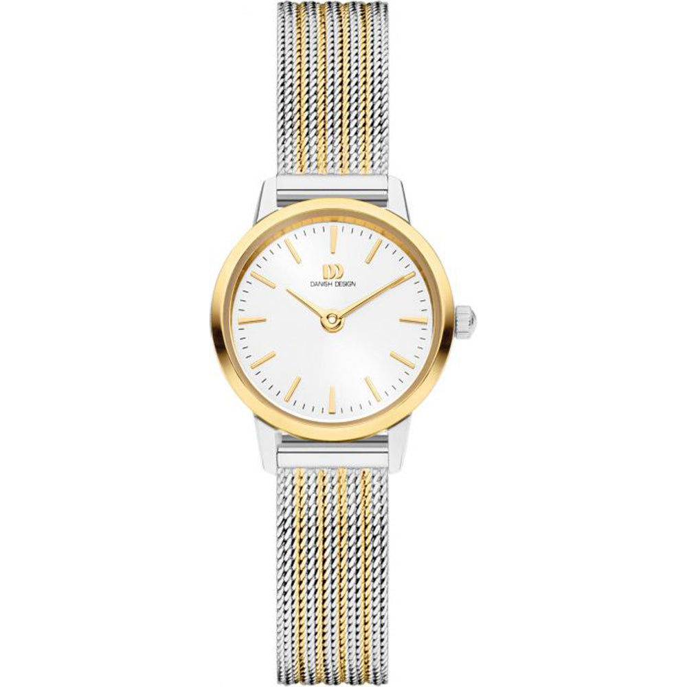Uhr mit silbernem Mesh-Armband und goldener Lünette, weißem Zifferblatt und goldenen Zeigern