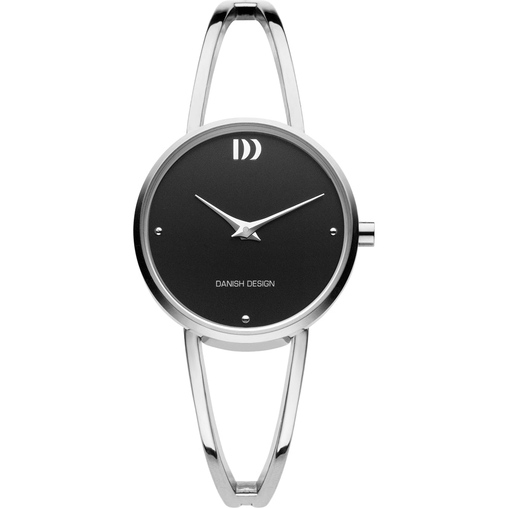 Uhr mit schwarzem Zifferblatt, silbernem Gehäuse und schmalem Armband