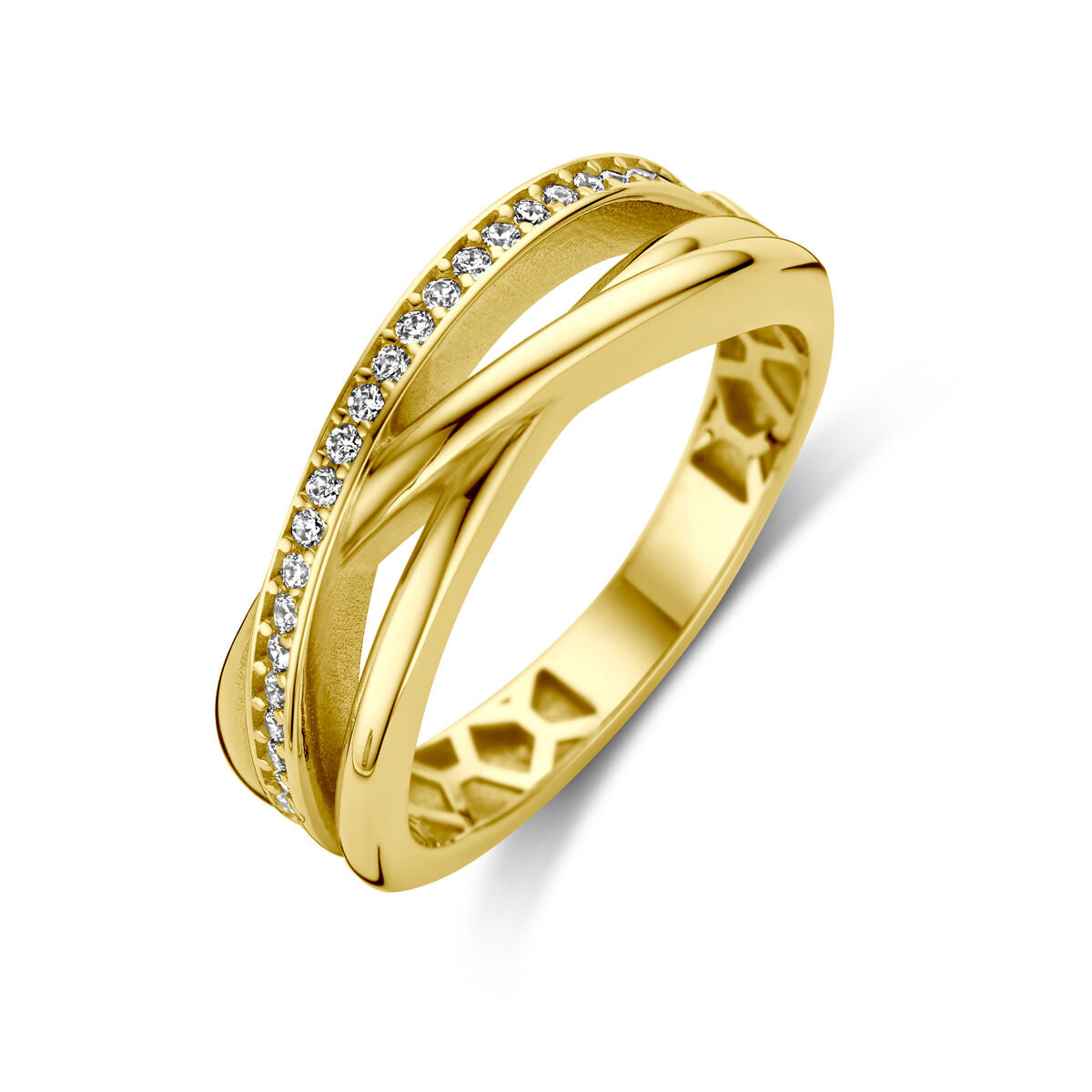 Gelbgoldener Ring mit Zirkonia, 14K, gedreht mit funkelnden Steinen entlang der Fassung