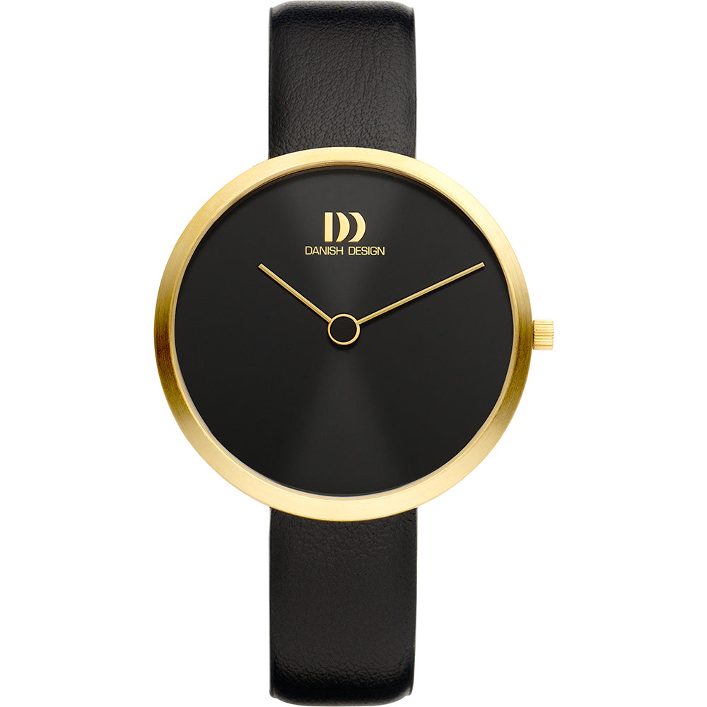 Uhr mit schwarzem Zifferblatt, goldfarbenem Gehäuse und schwarzem Lederarmband