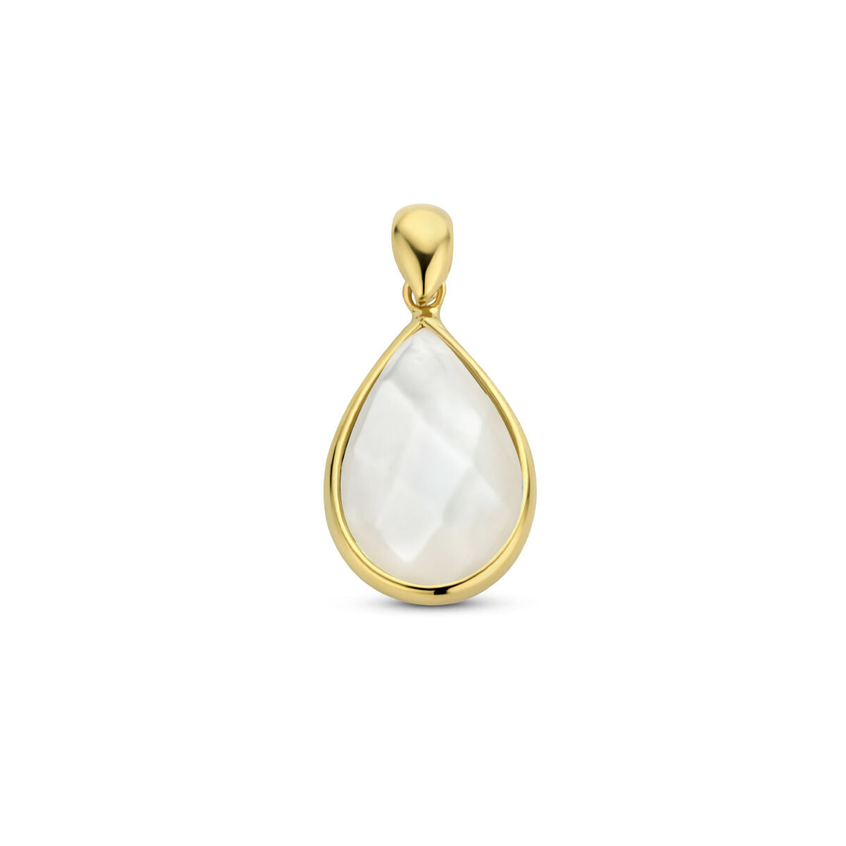 Tropfenförmiger Anhänger aus 14K Gelbgold mit schimmerndem Perlmutt.