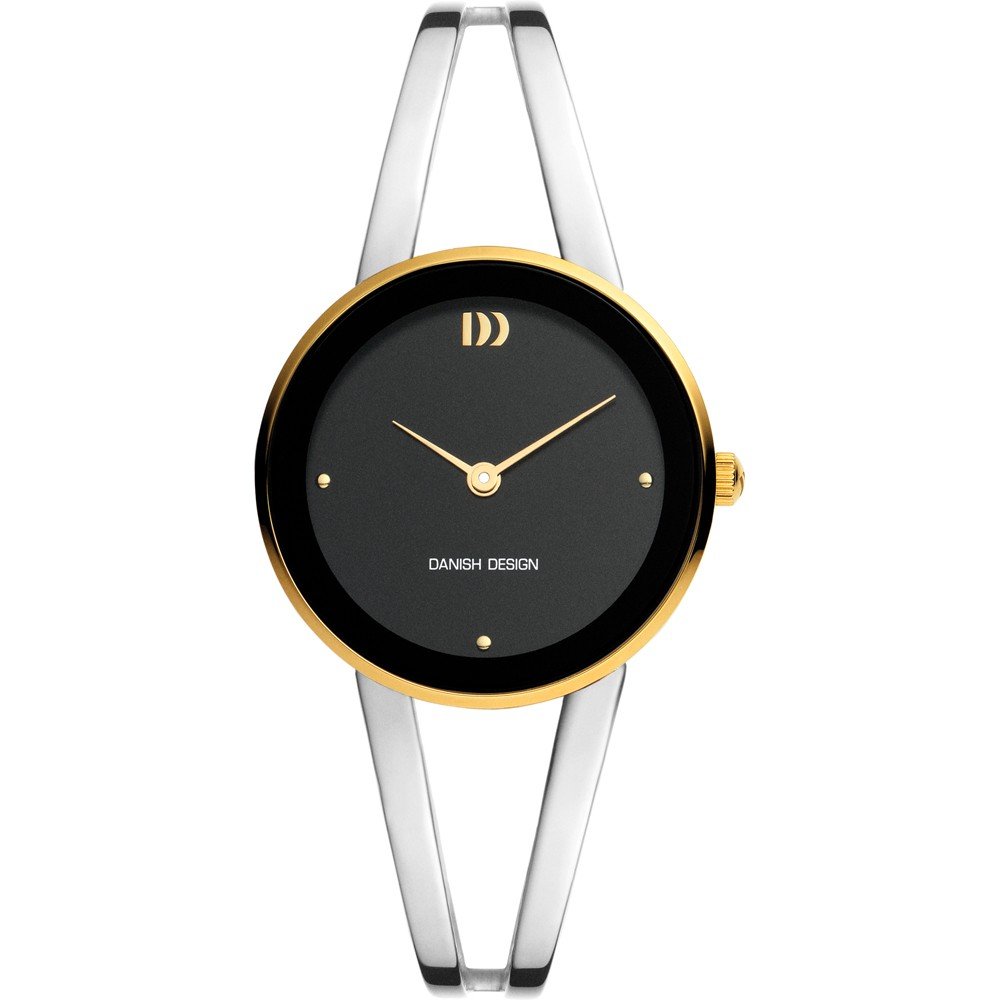 Damenarmbanduhr mit schwarzem Zifferblatt, goldfarbenem Gehäuse und silbernem Armband