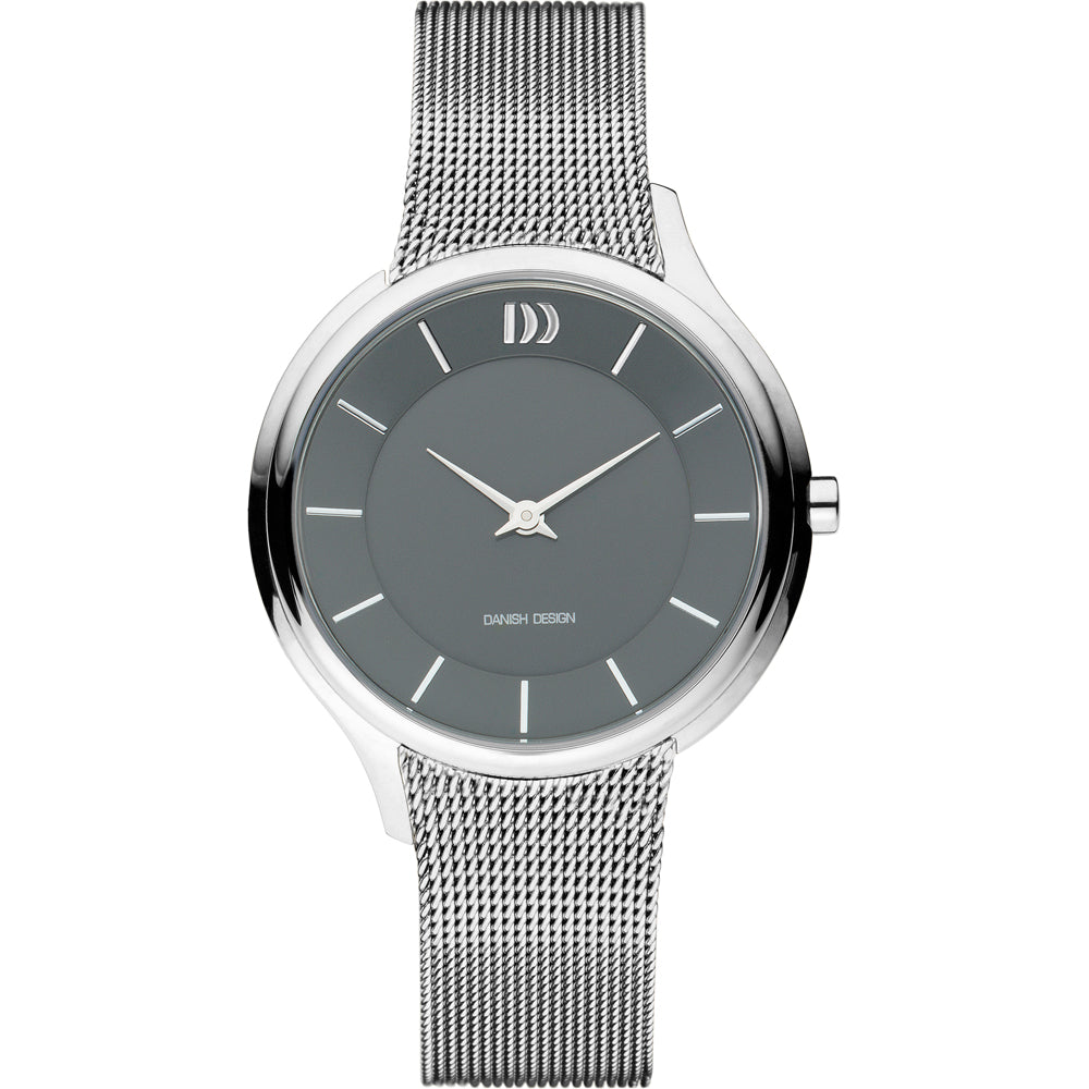 Uhr mit grauem Zifferblatt und silbernem Mesh-Armband