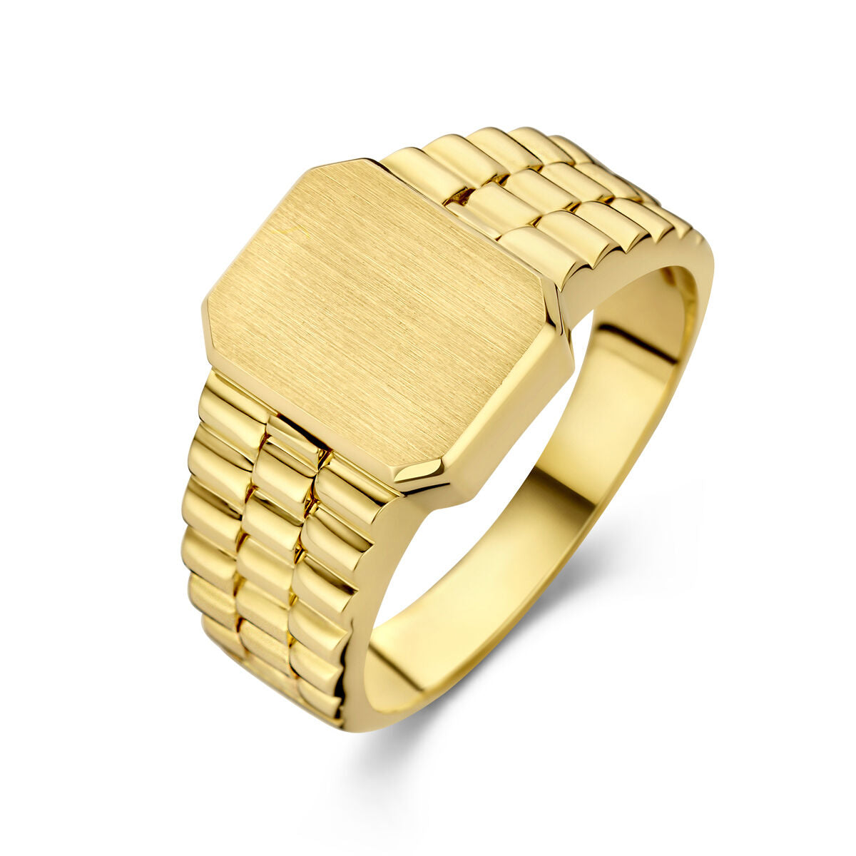 Gravur Ring aus mattiertem 14K Gelbgold mit strukturiertem Band und sechseckigem Design